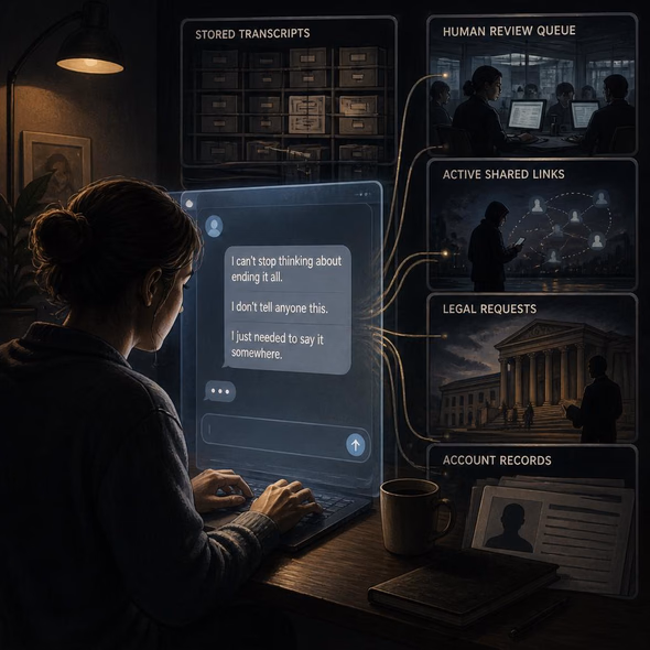 Editorial illustration for “Your AI Confession May Have an Audience,” based on the article’s subject.