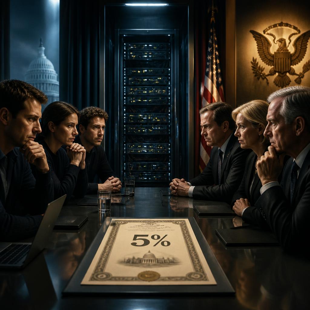 Government officials and technology executives discuss a proposed equity stake in an AI company.