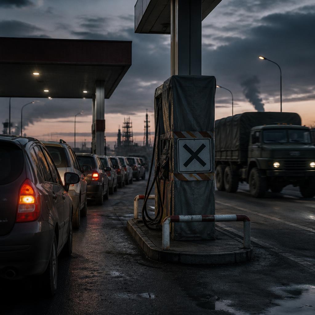 Cars wait at a Russian fuel station during a reported fuel crisis.