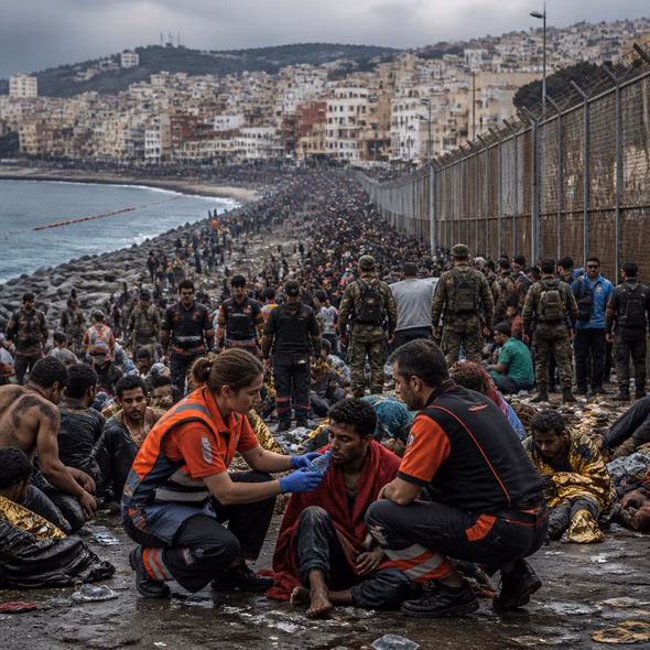 Editorial illustration for “Ceuta Cannot Process 60,000 People as a Border Signal,” based on the article’s subject.