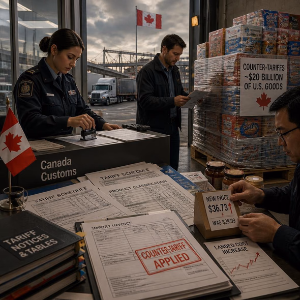 Editorial illustration for “Canada’s Counter-Tariffs Require a Receipt,” based on the article’s subject.