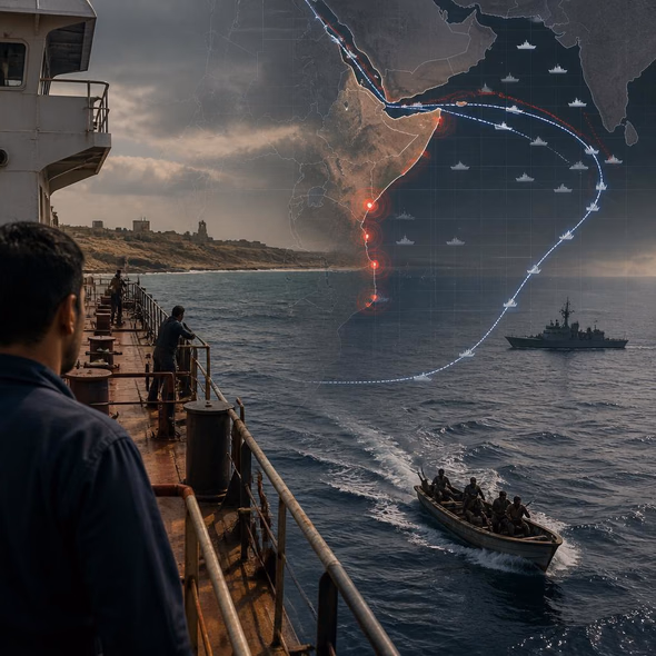 Editorial illustration for “Eight Hijackings Mark the Return of Somali Piracy,” based on the article’s subject.