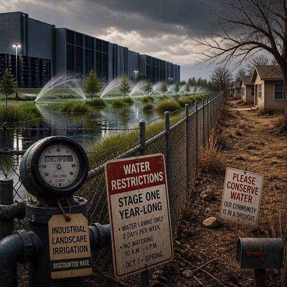 Editorial illustration for “The Data Center’s Lawn Never Got the Restriction,” based on the article’s subject.