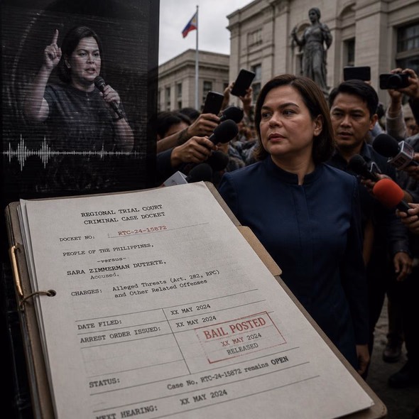 Editorial illustration for “Sara Duterte Posted Bail. The Threat Case Stays Open.,” based on the article’s subject.