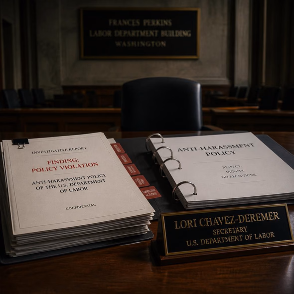 Editorial illustration for “The Labor Department Investigated Its Own Boss,” based on the article’s subject.