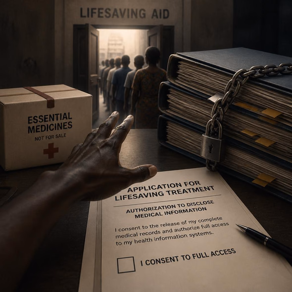 Editorial illustration for “Lifesaving Aid Does Not Buy Your Medical Record,” based on the article’s subject.