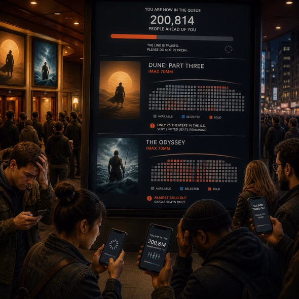 Editorial illustration for “The Blockbuster Queue Is Part of the Show,” based on the article’s subject.