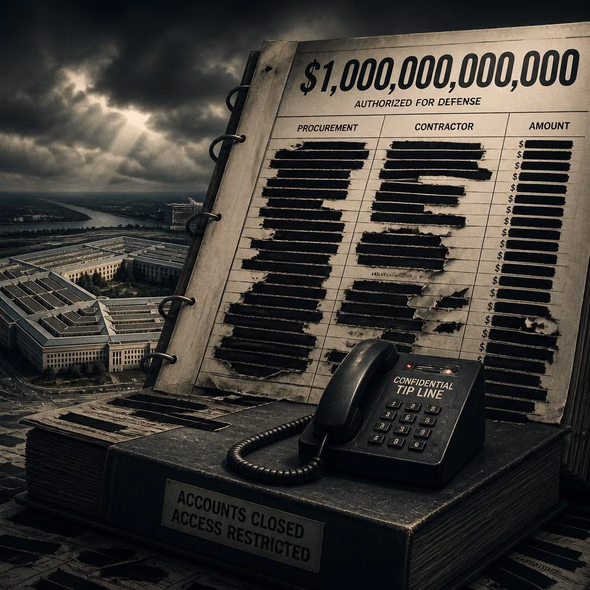 Editorial illustration for “Why Does a Trillion-Dollar Defense Budget Need a Tip Line?,” based on the article’s subject.