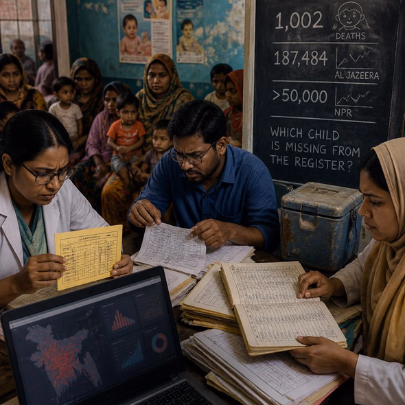 Editorial illustration for “Bangladesh’s Measles Record Must Explain 1,002 Child Deaths,” based on the article’s subject.