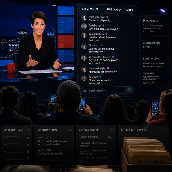 Editorial illustration for “MS NOW Invites the Audience Into the Group Chat,” based on the article’s subject.