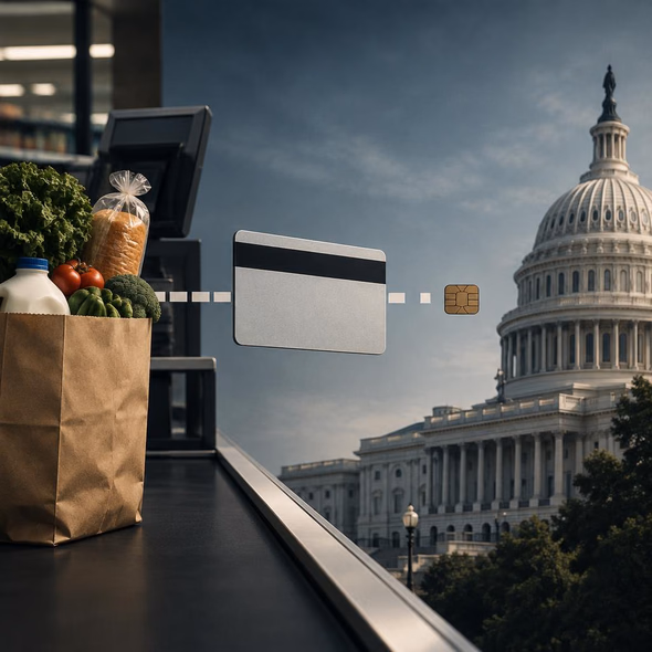 Editorial illustration for “Stolen Food Benefits Are Congress’s Problem, Too,” based on the article’s subject.