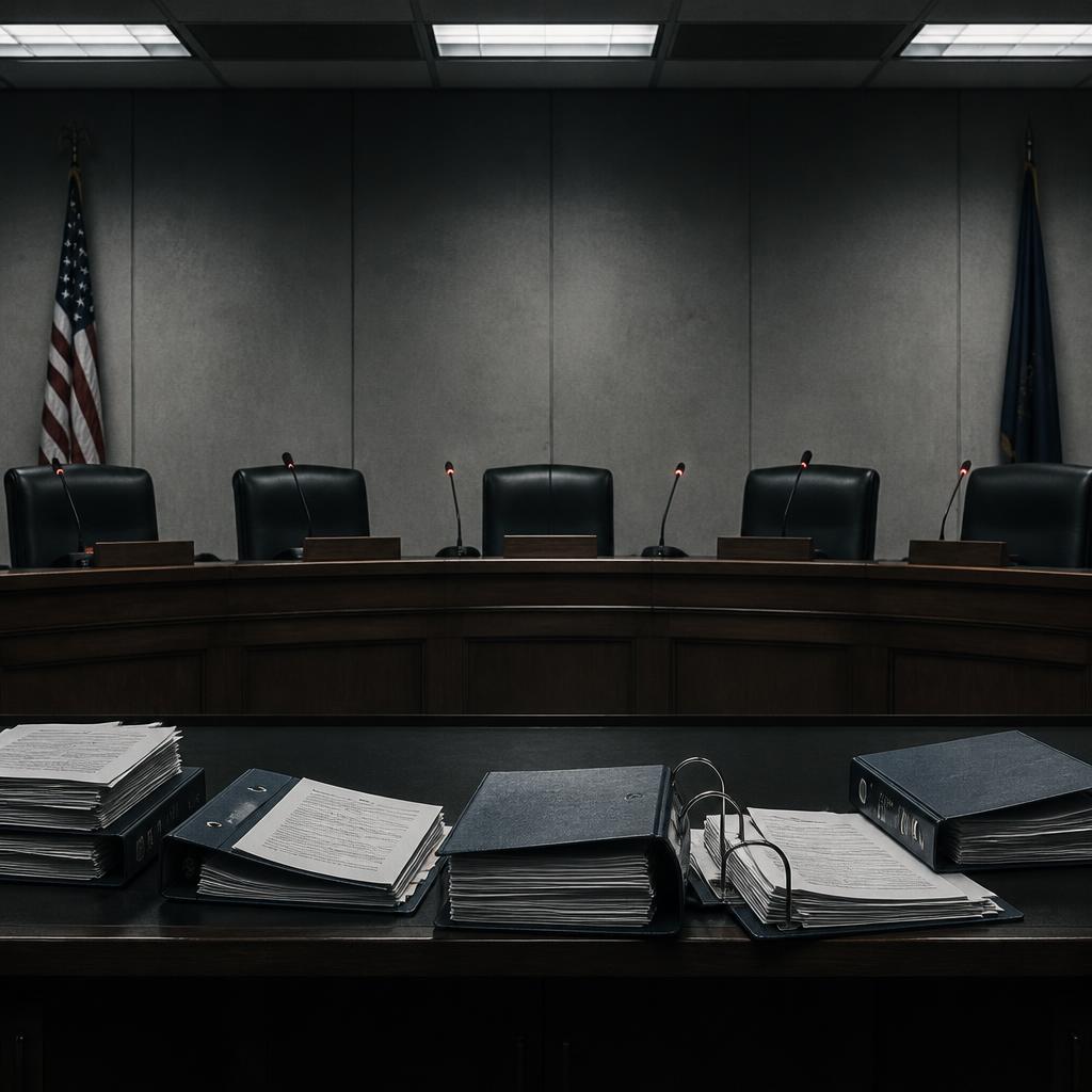 Empty commission seats with microphones and election administration binders.