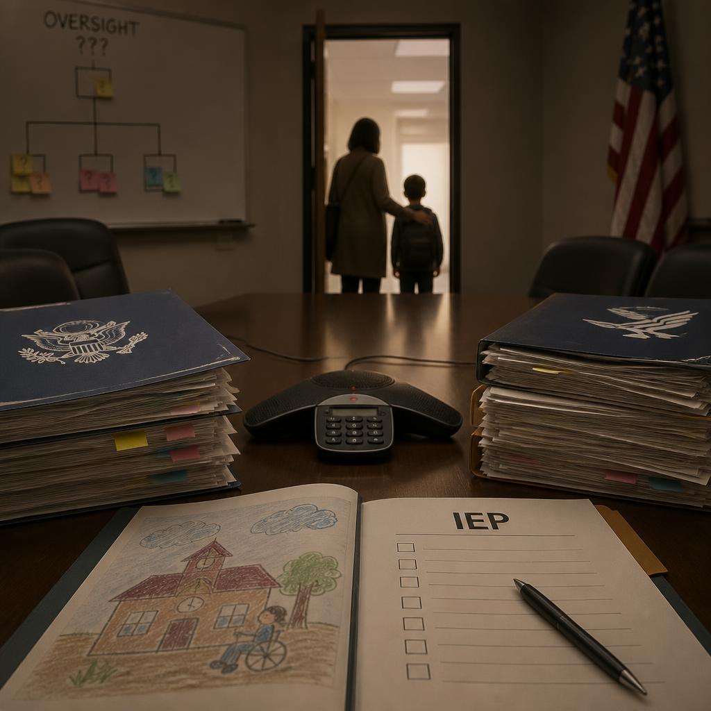 Special education paperwork beside a speakerphone in a school meeting room.