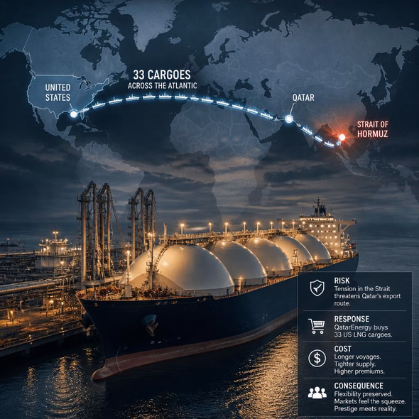 Editorial illustration for “QatarEnergy Buys 33 Cargoes Against Hormuz Risk,” based on the article’s subject.