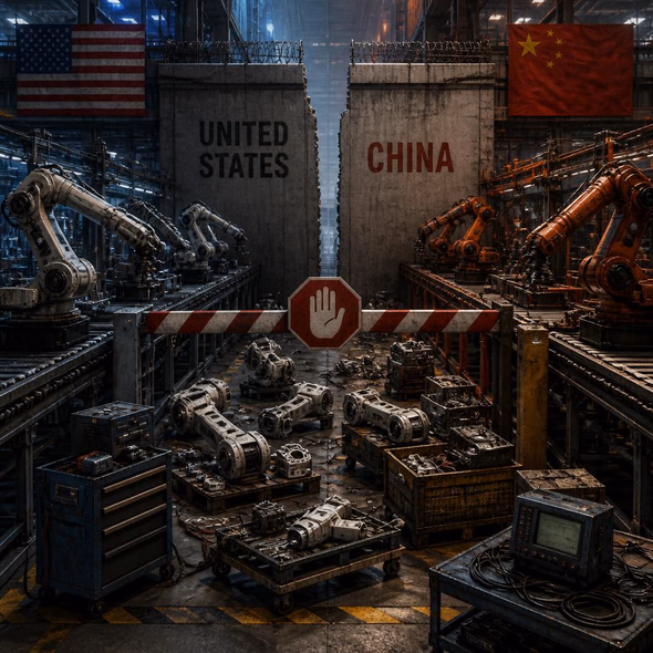 Editorial illustration for “Washington’s Robot Ban Has a Factory-Floor Problem,” based on the article’s subject.