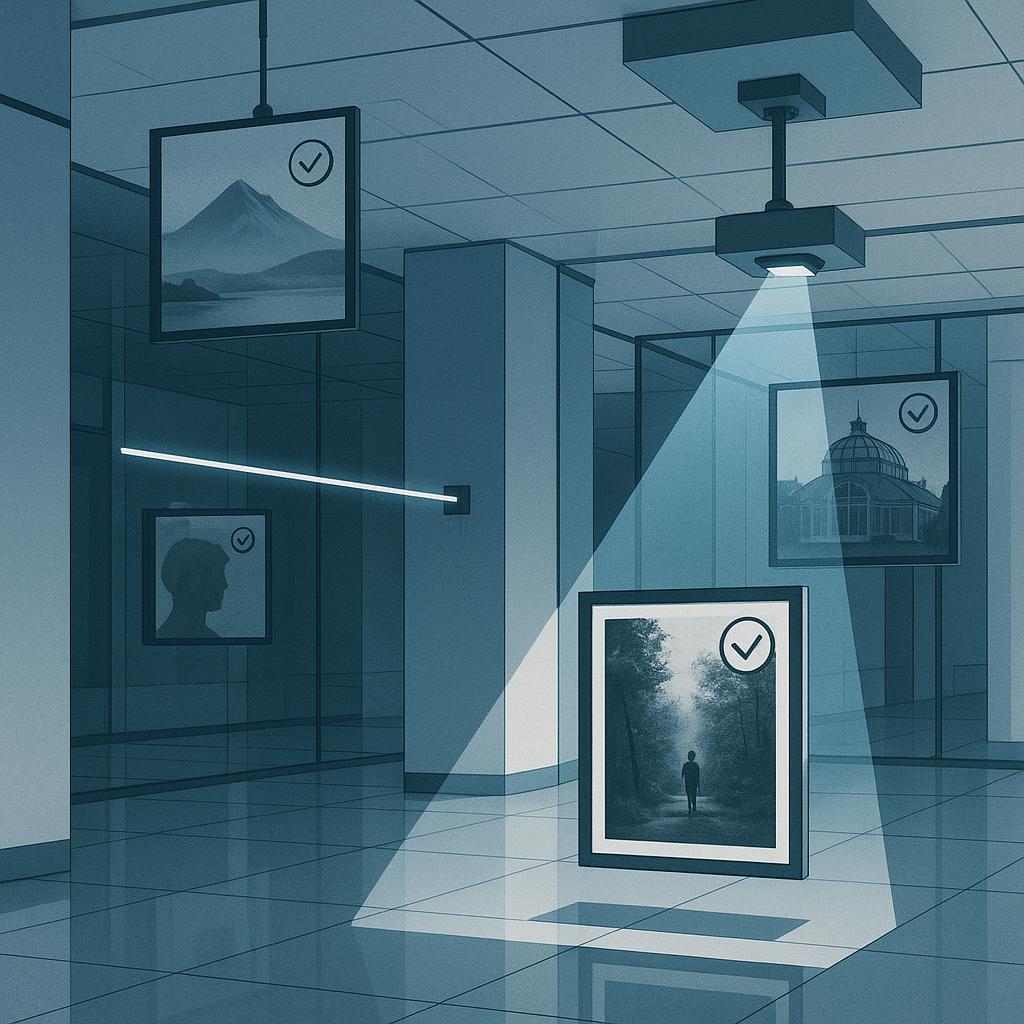 A pristine lab-like space filled with scanning devices and suspended image frames under cold blue light.