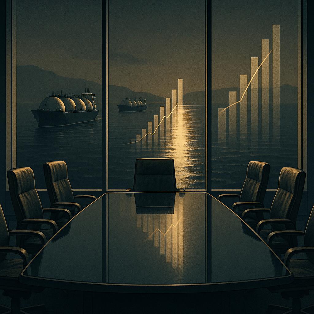 A sleek boardroom scene merged with tankers and market graphics over a dark strategic waterway.