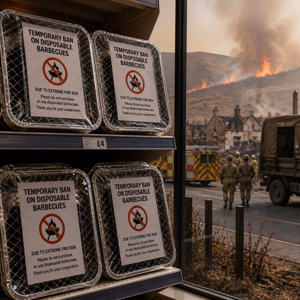 Editorial illustration for “Britain’s Wildfire Plan Reaches the Checkout Aisle,” based on the article’s subject.