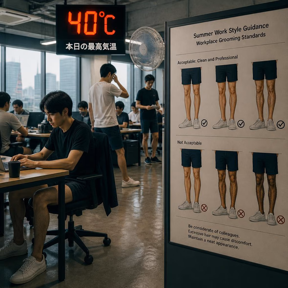 Tokyo office workers in shorts beside a workplace grooming notice during extreme summer heat