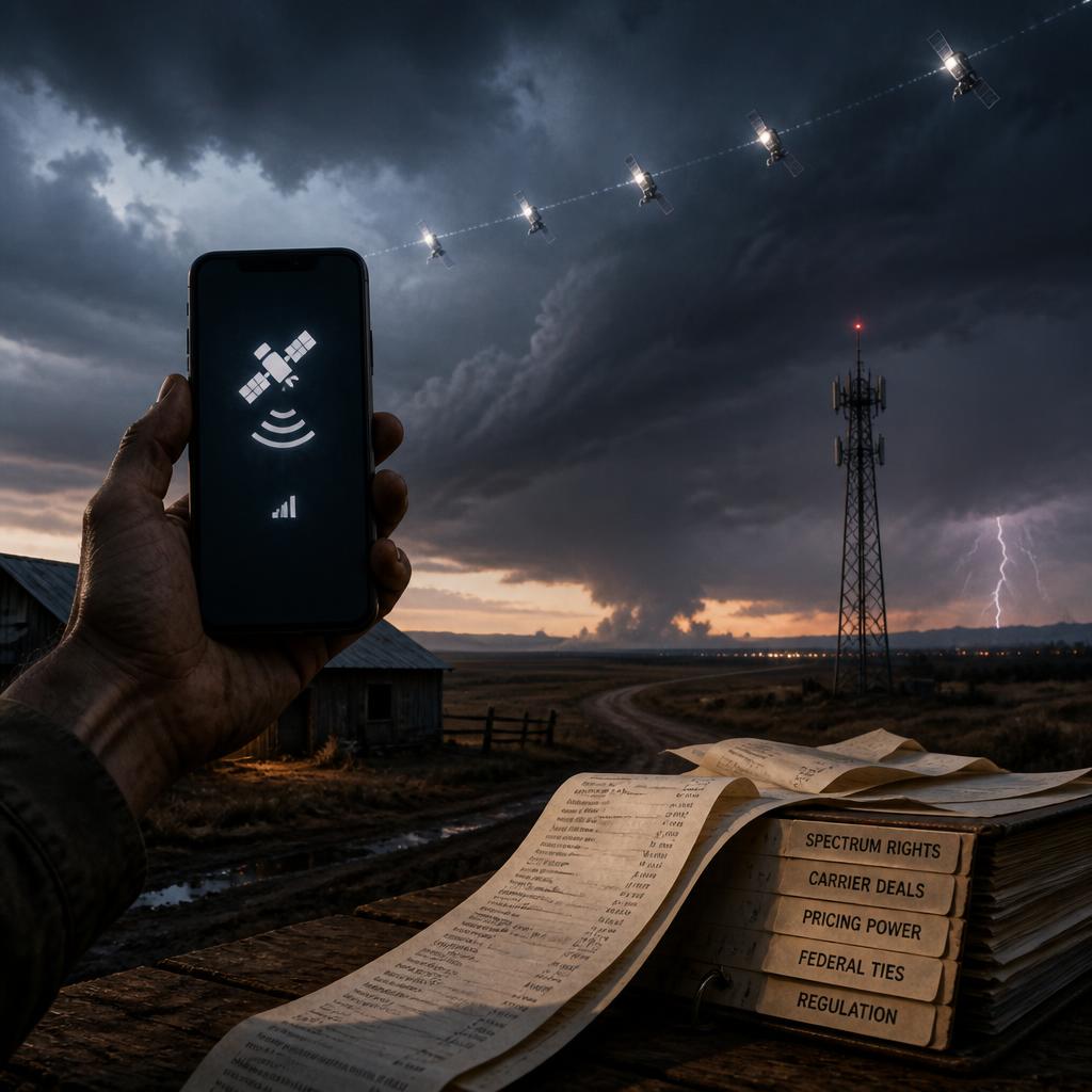 A phone connects to satellites while a distant cell tower stands under a night sky.