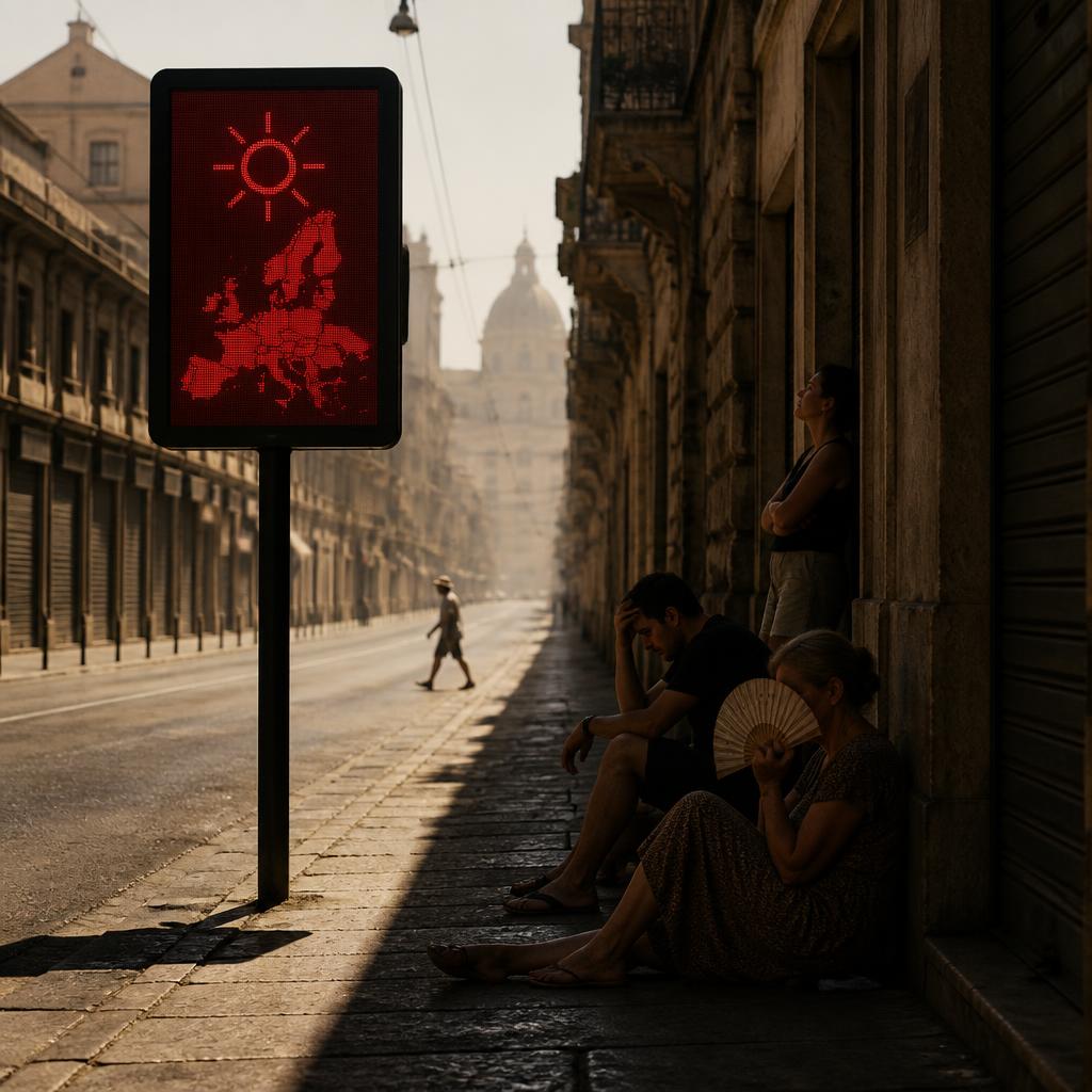 A city street under extreme heat with a red weather warning sign.