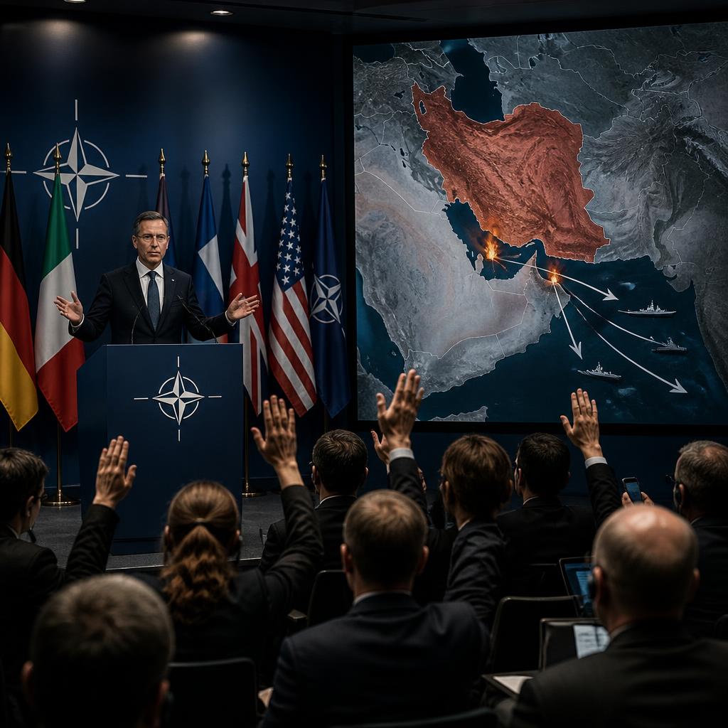 A NATO podium stands before flags and a projected Gulf map during a briefing on strikes.