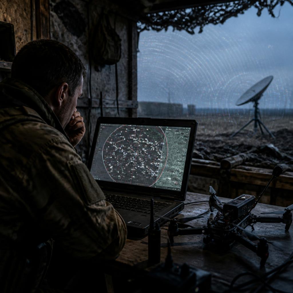 A drone operator works beside a satellite terminal as signal interference appears on a screen.