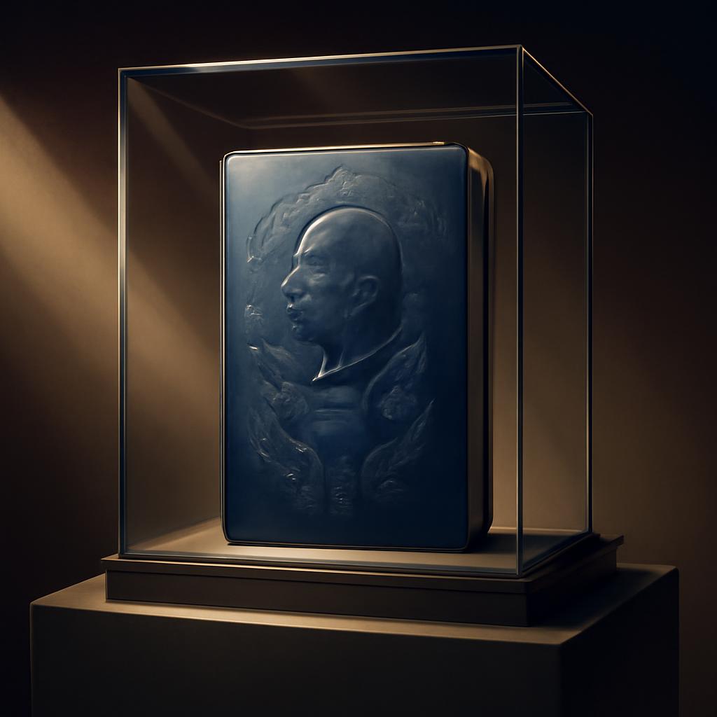 A ceremonial passport displayed like a luxury collector item beneath museum lighting, with patriotic motifs and a presidential portrait on the cover.