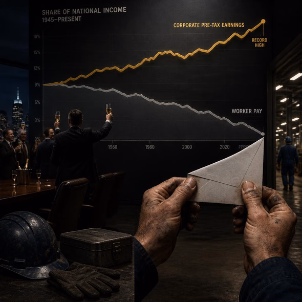 Editorial illustration for “Record Profits Shrink the Worker’s Share,” based on the article’s subject.