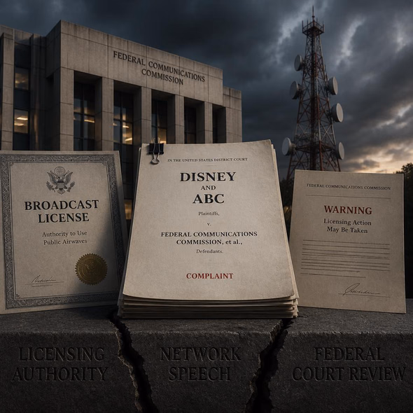 Editorial illustration for “A Broadcast License Is Not a Loyalty Test,” based on the article’s subject.