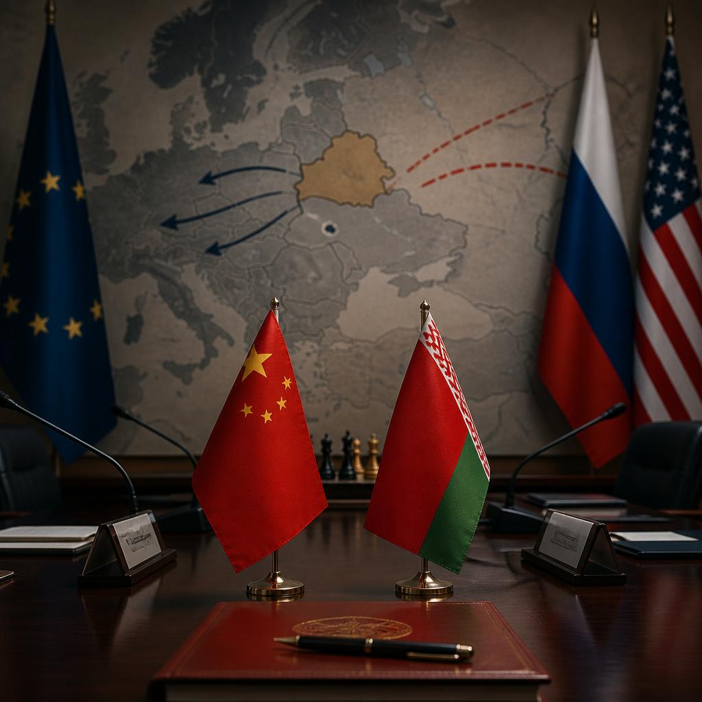 Chinese and Belarusian flags at a diplomatic table.