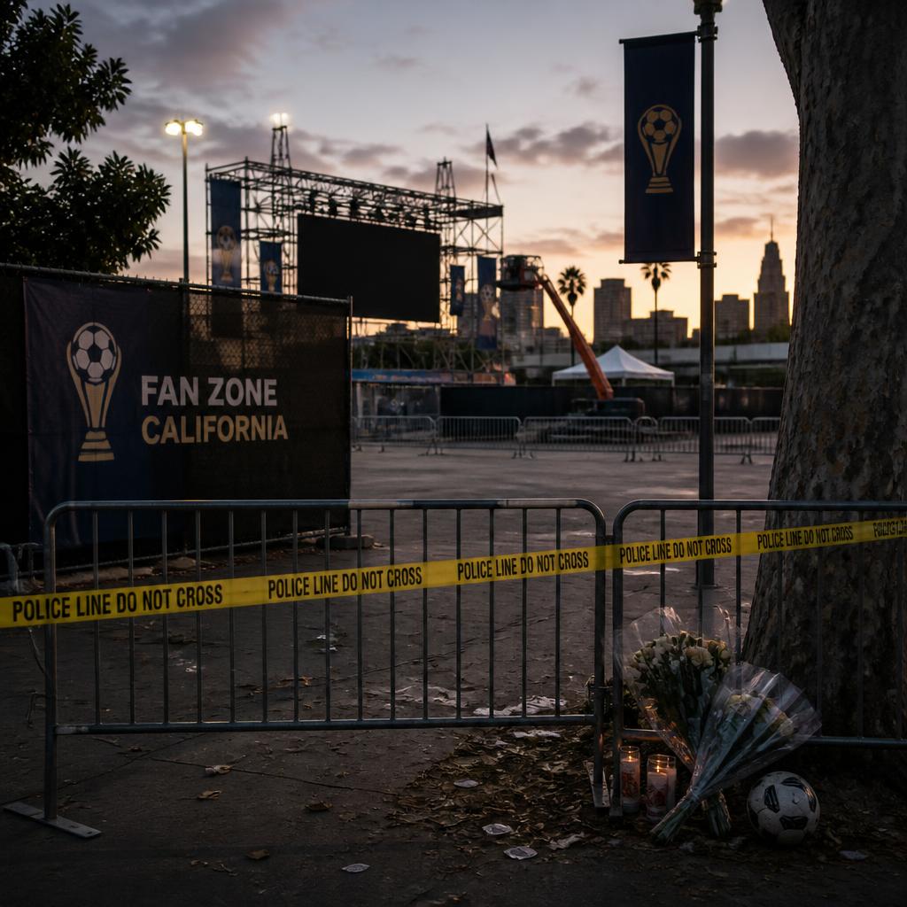 Police tape and barricades at a California World Cup fan-zone site.