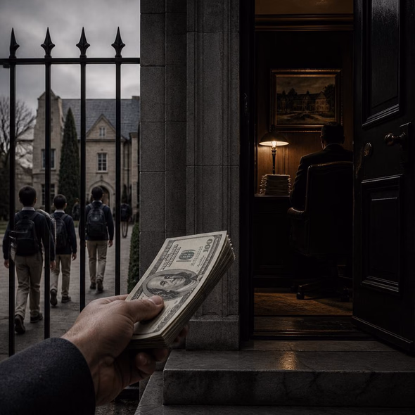 Editorial illustration for “Private Schools Spend Public Vouchers Behind Closed Doors,” based on the article’s subject.