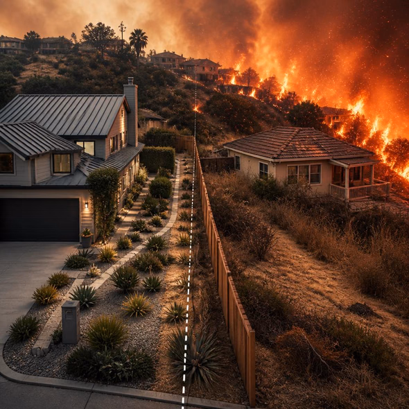 Editorial illustration for “Wildfire Protection Stalls Before the Property Line,” based on the article’s subject.