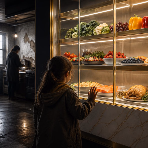 Expensive fresh food displayed opposite a dark kitchen with an unused oven