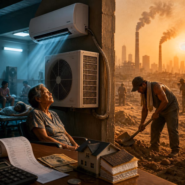 Editorial illustration for “Cooling Saves Lives—and Runs Up the Climate Bill,” based on the article’s subject.