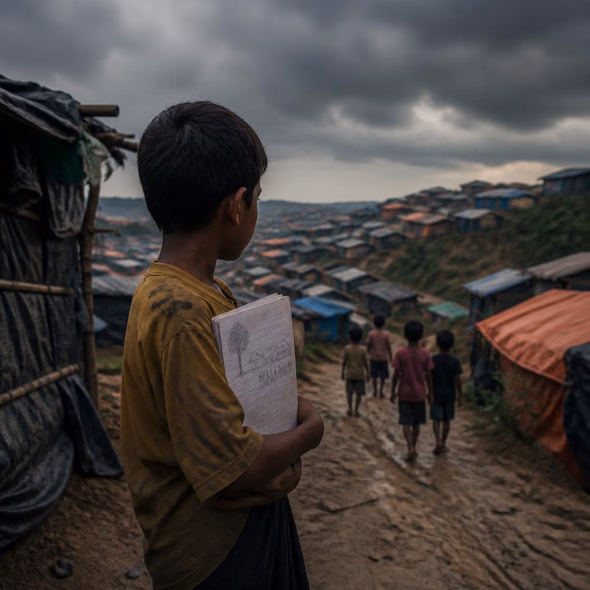 Editorial illustration for “Rohingya Children Inherit Nine Years of Exile,” based on the article’s subject.