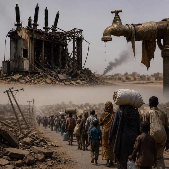 Editorial illustration for “Kordofan’s Utilities Mark the Displacement Route,” based on the article’s subject.