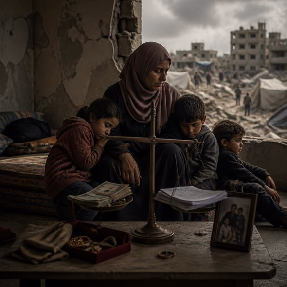 Editorial illustration for “What Does a Fast Divorce Cost Women in Gaza?,” based on the article’s subject.