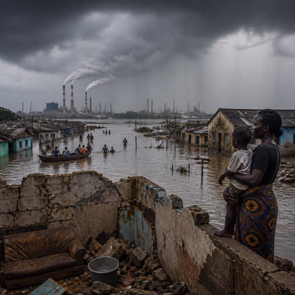 Residents evacuate a flooded coastal neighborhood in West Africa
