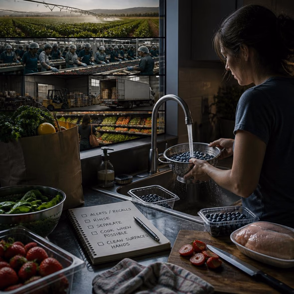 A shopper washes summer produce while the larger contamination chain remains beyond the kitchen.