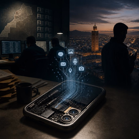 A smartphone transmitting its camera, microphone, messages, and location to an intelligence control room