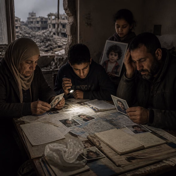 Editorial illustration for “Gaza Families Keep Searching for Missing Children,” based on the article’s subject.