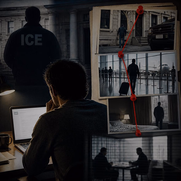 Editorial illustration for “ICE Answered a Critical Email With Surveillance,” based on the article’s subject.