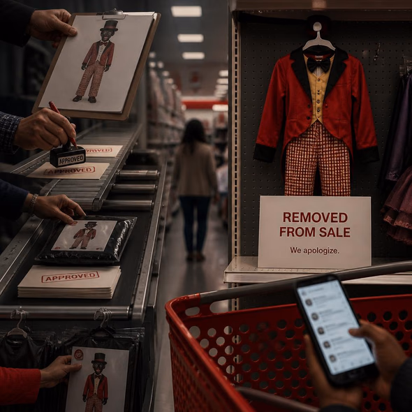 Editorial illustration for “Target Pulled the Costume. Its Approval Chain Remains.,” based on the article’s subject.