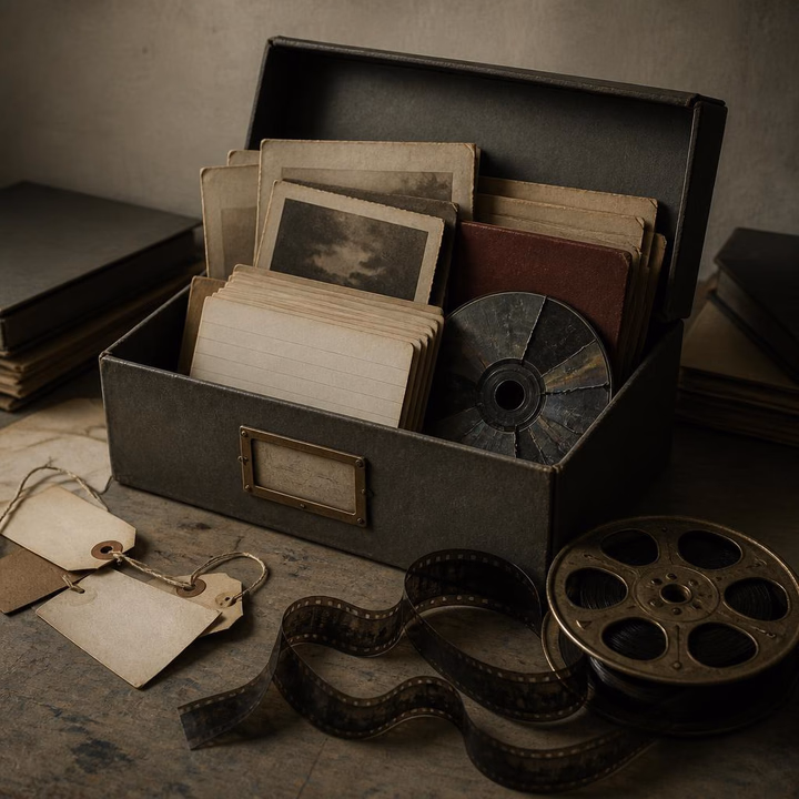 An open records box with faded sleeves, blank catalog cards, damaged microfilm, and a cracked data disc on a worn table.