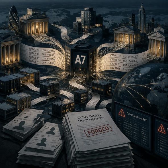 Editorial illustration for “A7 Moved $6.9 Billion Through Global Banks,” based on the article’s subject.