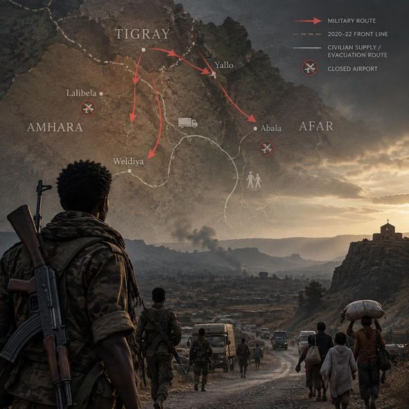 Editorial illustration for “Tigray’s Offensive Reopens Ethiopia’s War Map,” based on the article’s subject.