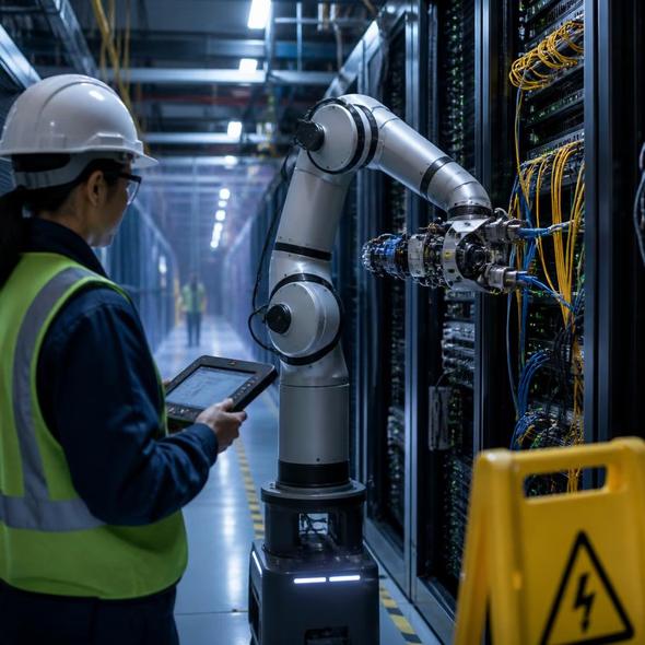 Editorial illustration for “Meta Tests Robots in the Server Aisle,” based on the article’s subject.
