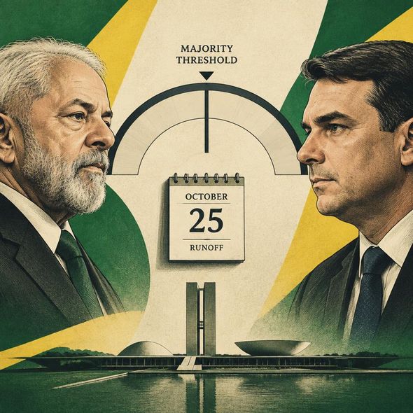 Editorial illustration for “Lula, Flávio Bolsonaro, and the Runoff Threshold,” based on the article’s subject.